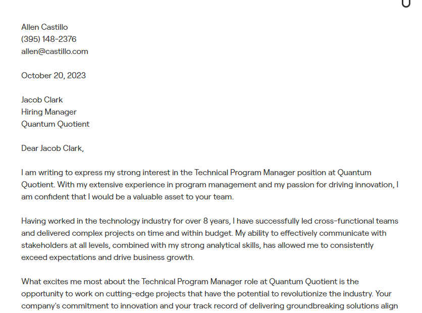 program manager cover letter