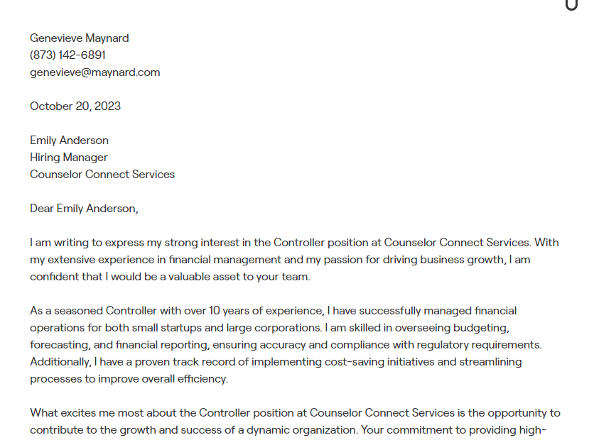 controller cover letter