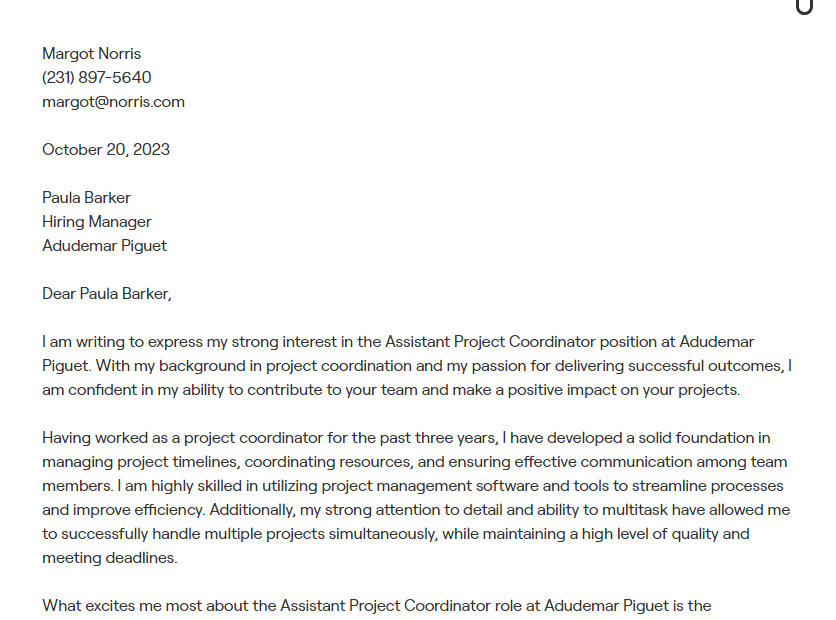 project coordinator cover letter