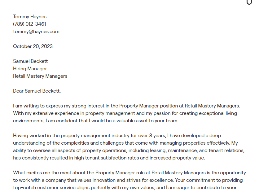 property manager cover letter
