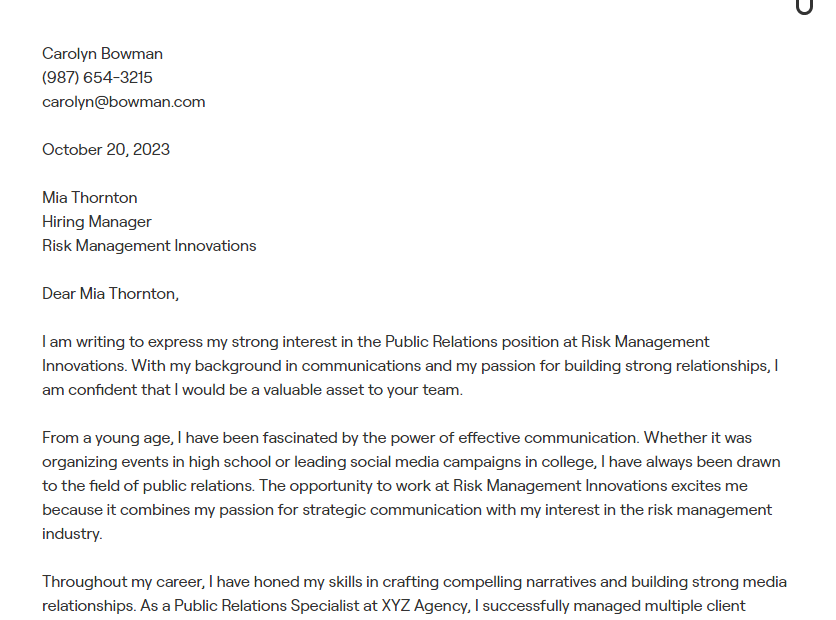 public relations cover letter