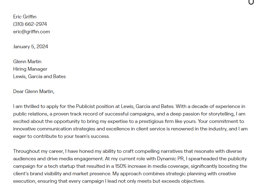 publicist cover letter