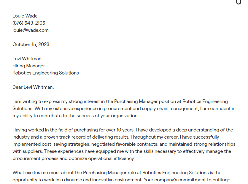 purchasing manager cover letter