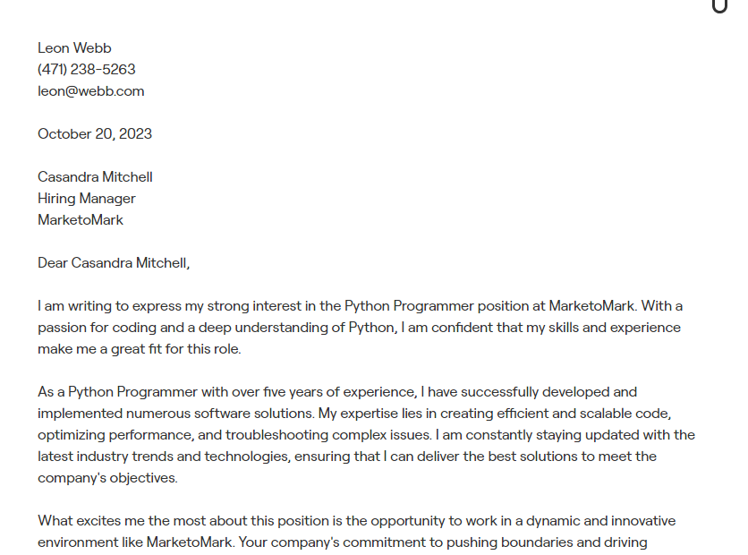 python developer cover letter
