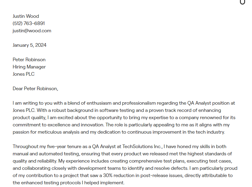 qa analyst cover letter