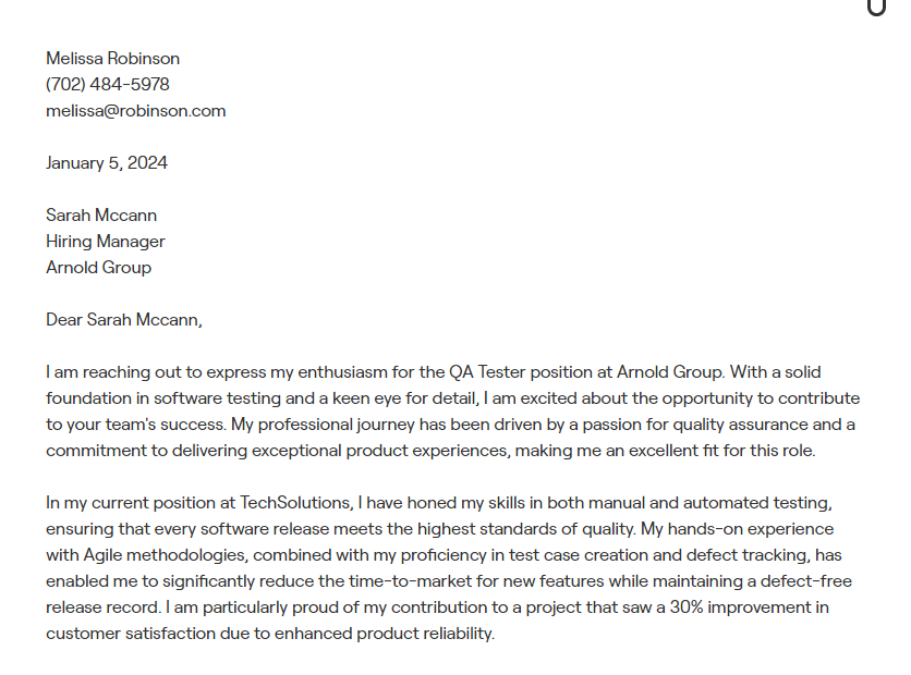 qa tester cover letter
