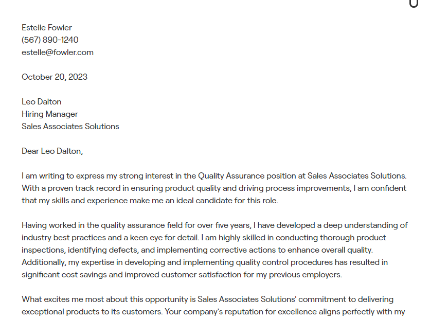 quality assurance cover letter