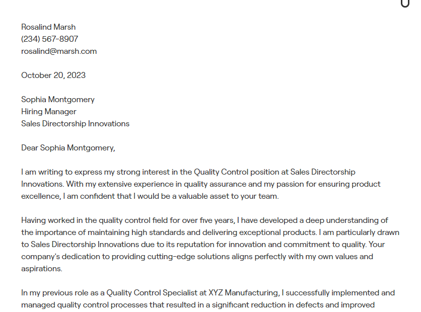 quality control cover letter