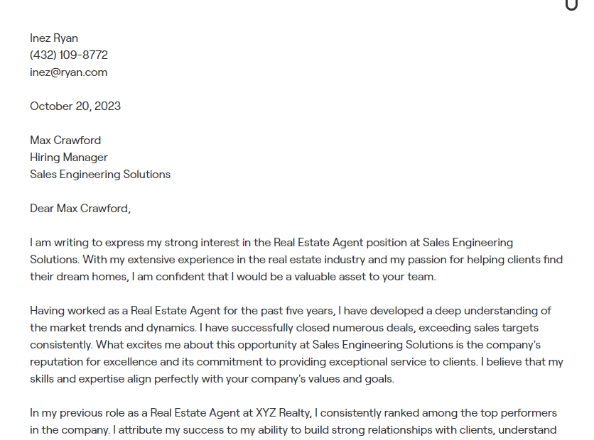 real estate agent cover letter