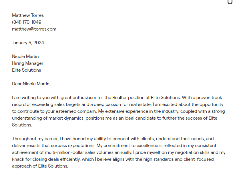 realtor cover letter
