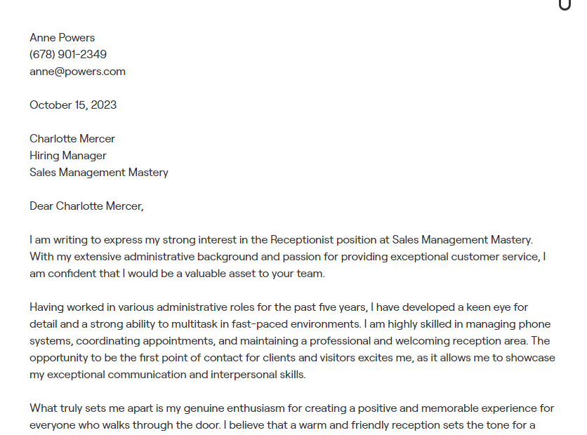 receptionist cover letter