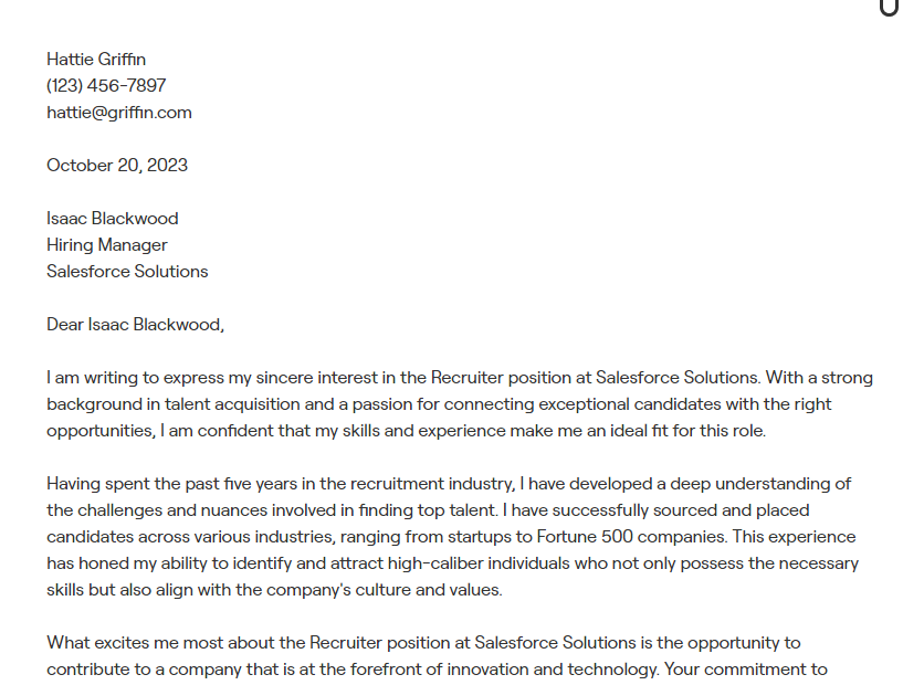 recruiter cover letter