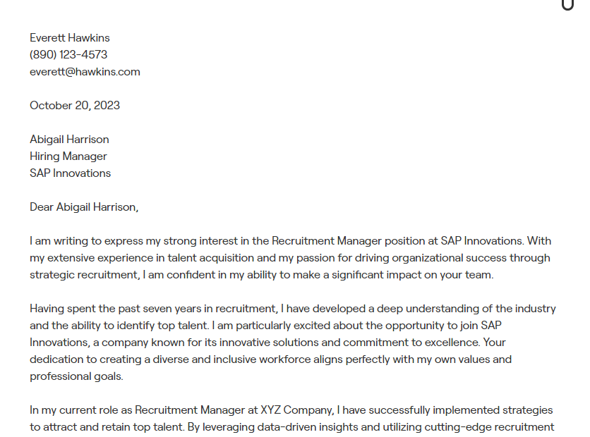 recruitment manager cover letter