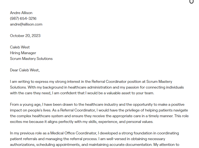 referral coordinator cover letter