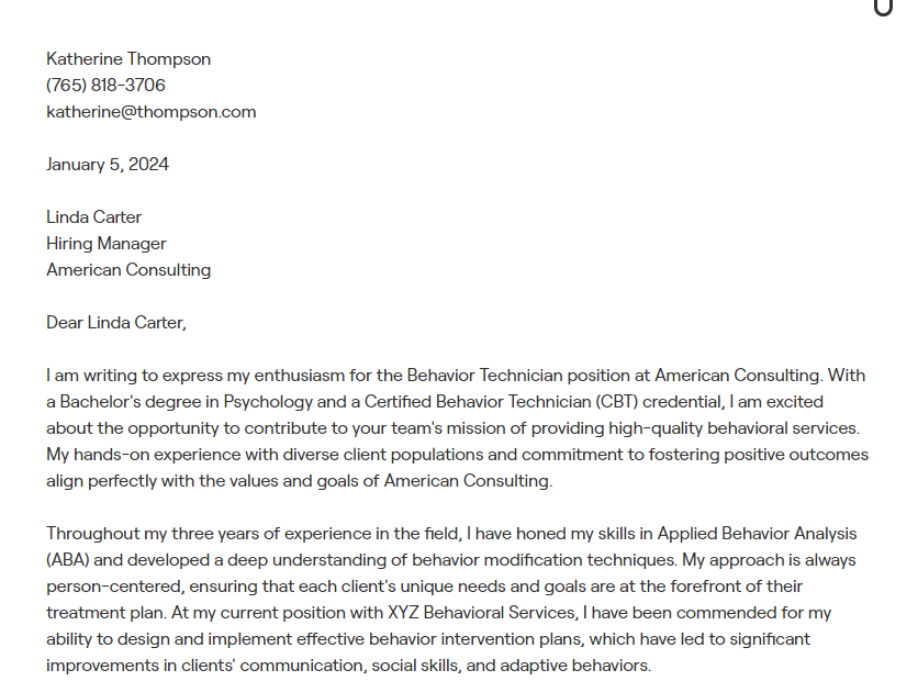 behavior technician cover letter