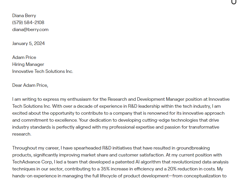 research and development manager cover letter