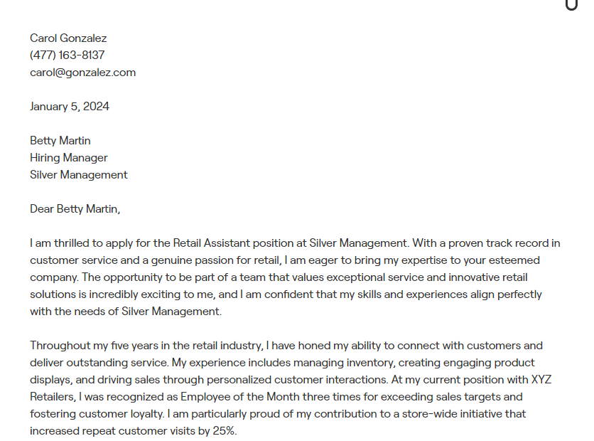 retail assistant cover letter