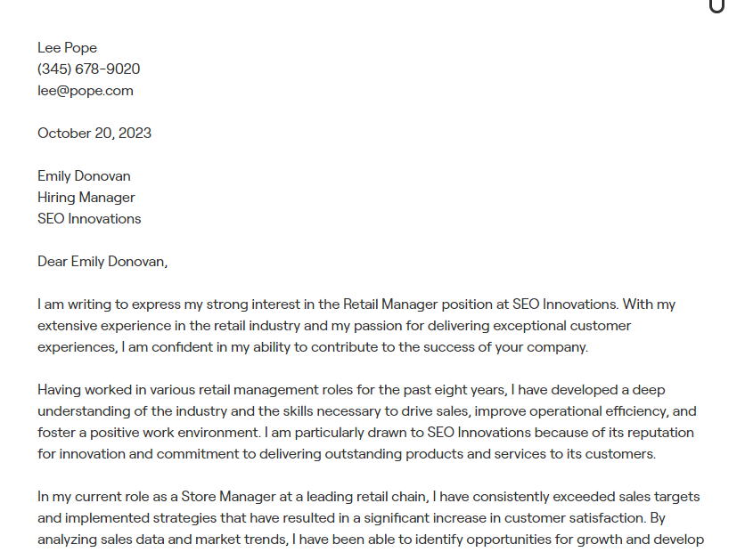 retail manager cover letter