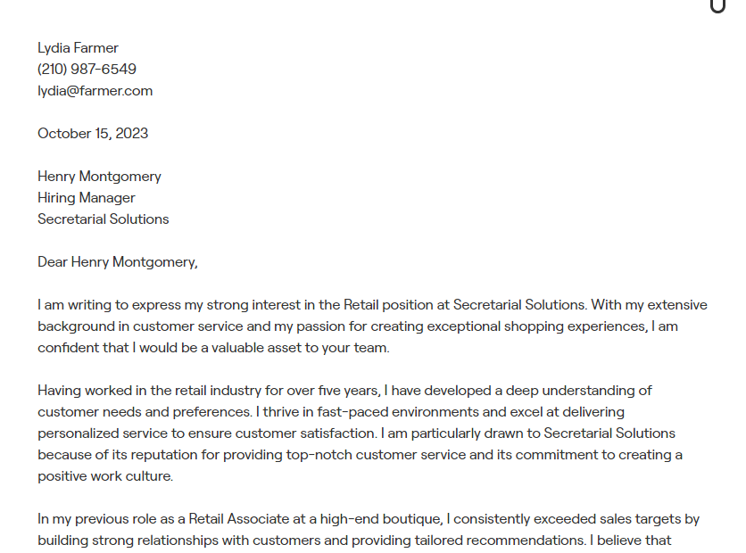 retail cover letter