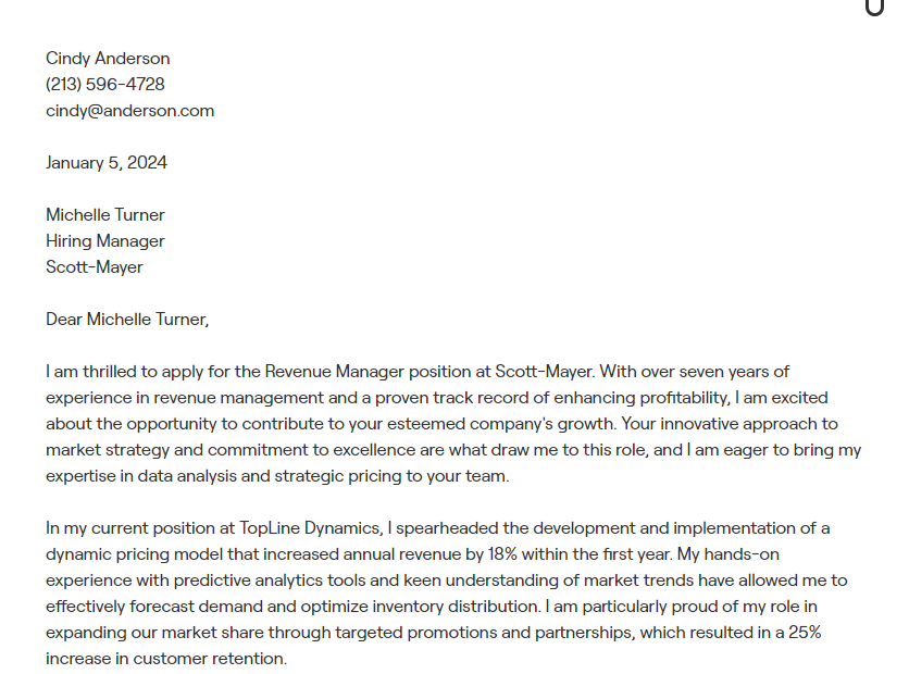 revenue manager cover letter