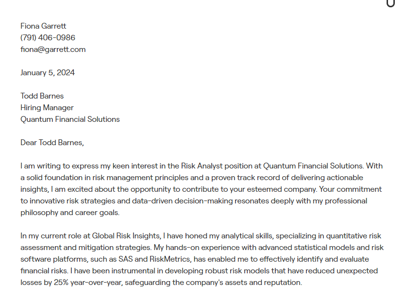 risk analyst cover letter