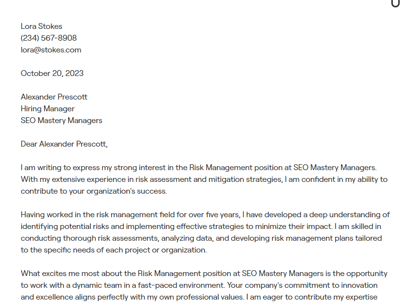 risk management cover letter