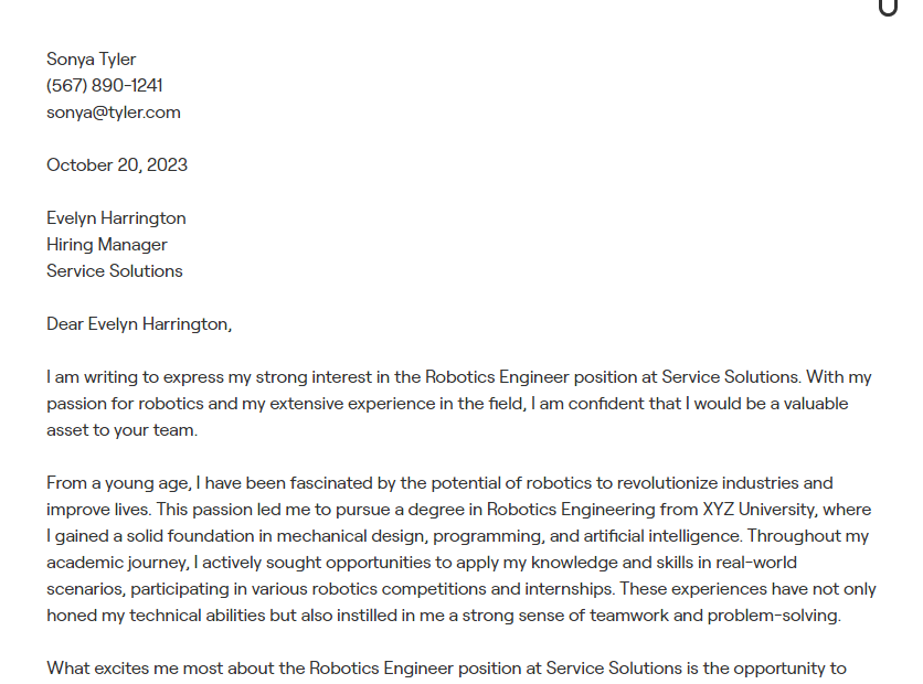 robotics engineer cover letter