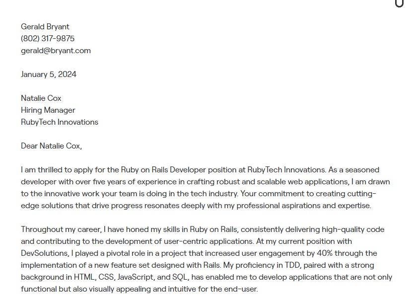 ruby on rails developer cover letter