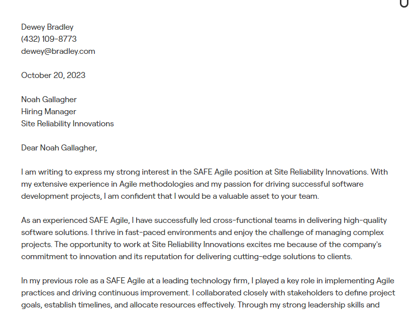 safe agile cover letter