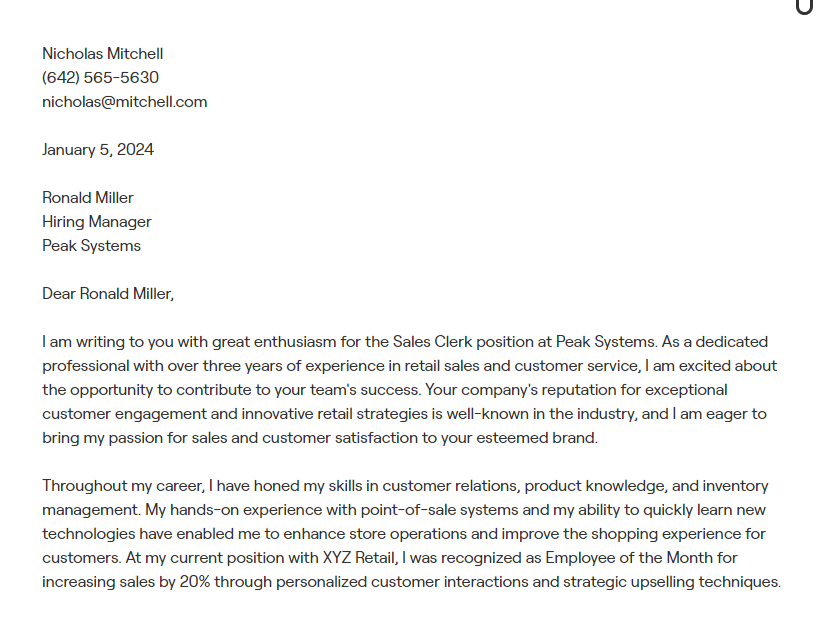 sales clerk cover letter