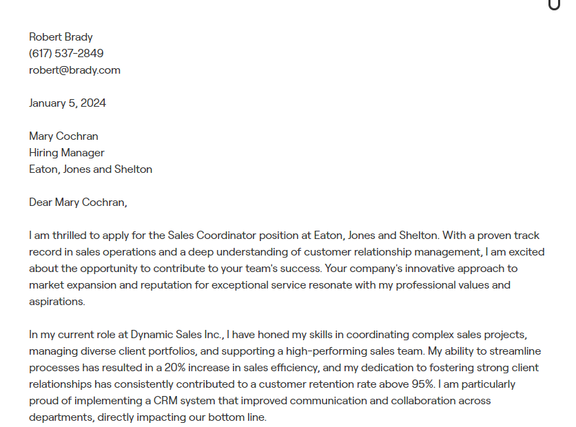 sales coordinator cover letter