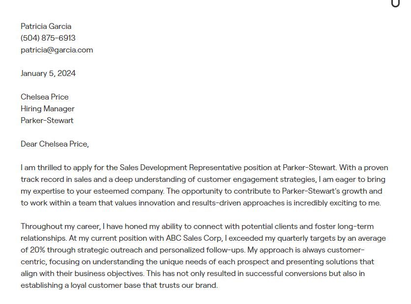 sales development representative cover letter