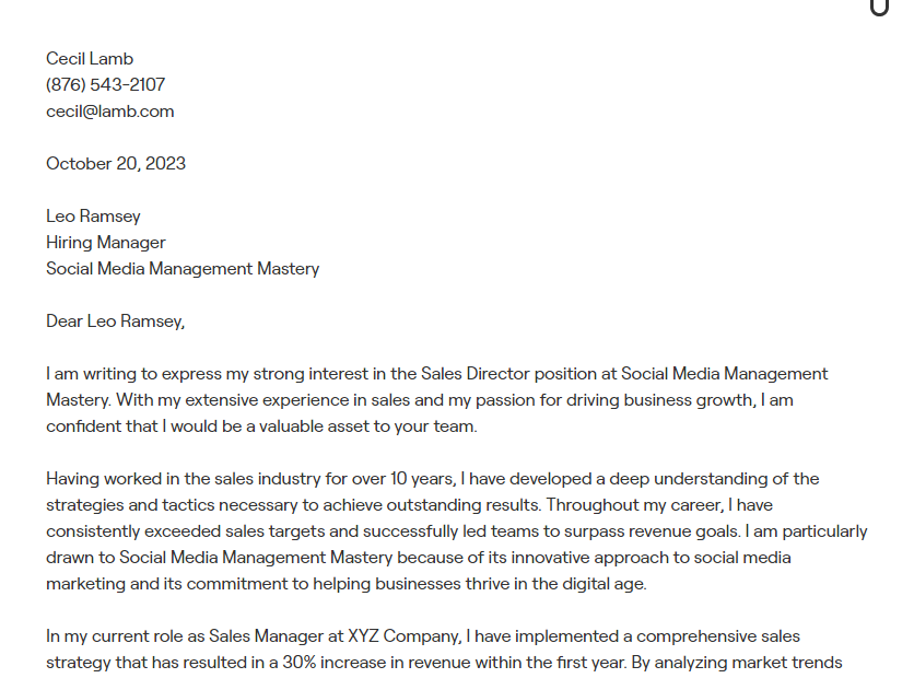 sales director cover letter