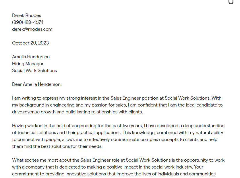 sales engineer cover letter