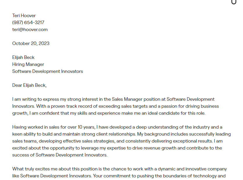 sales manager cover letter