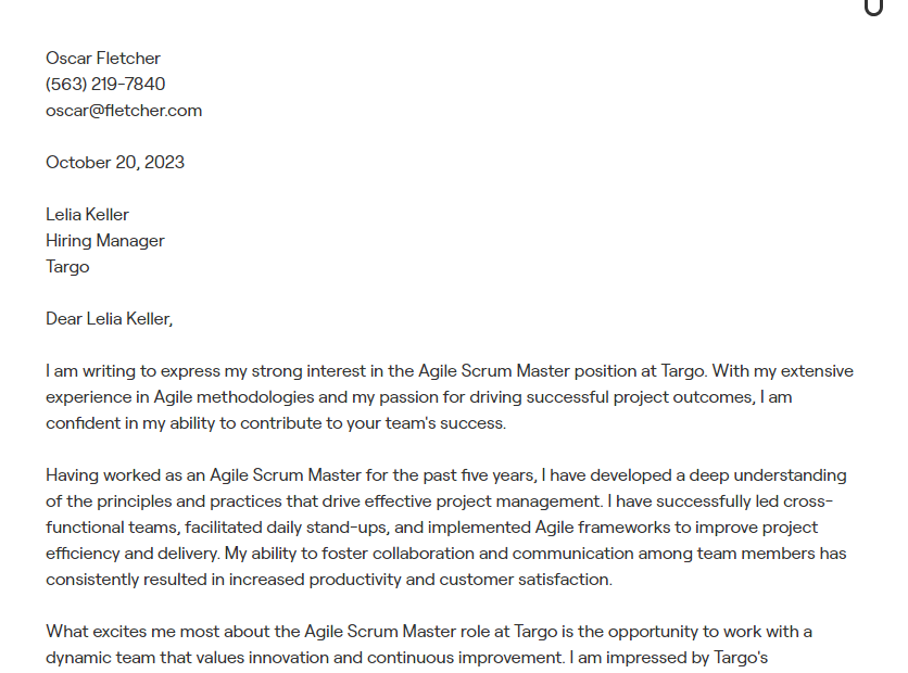 scrum master cover letter