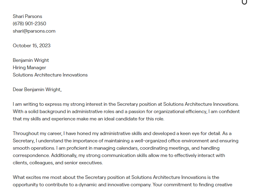 secretary cover letter