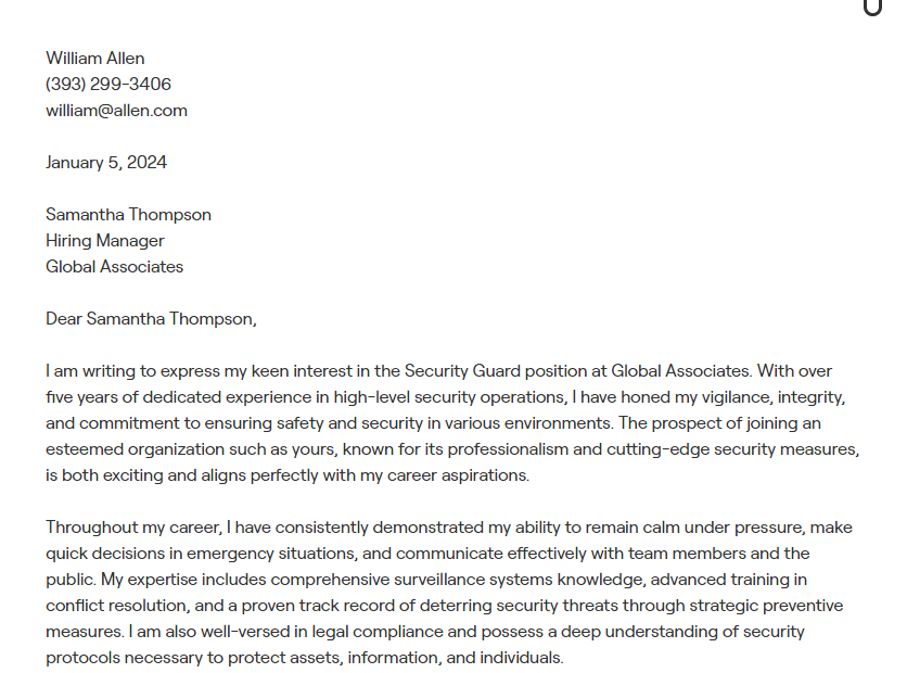 security guard cover letter