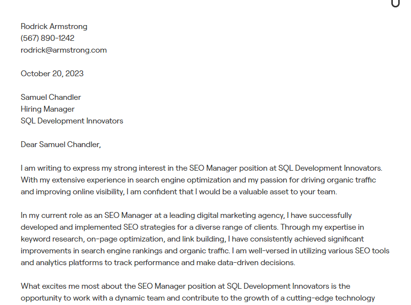 seo manager cover letter