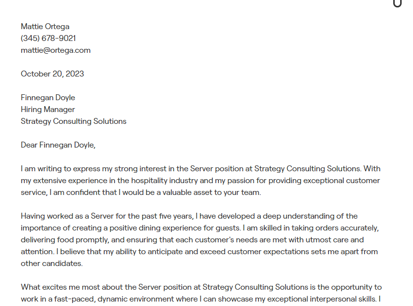 server cover letter
