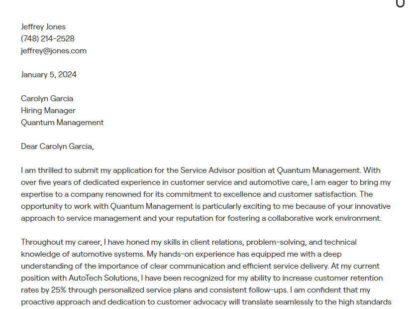 service advisor cover letter