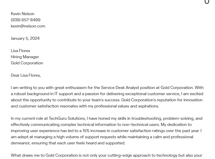service desk analyst cover letter