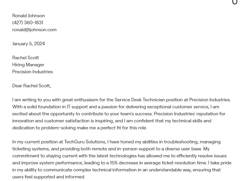 service desk technician cover letter