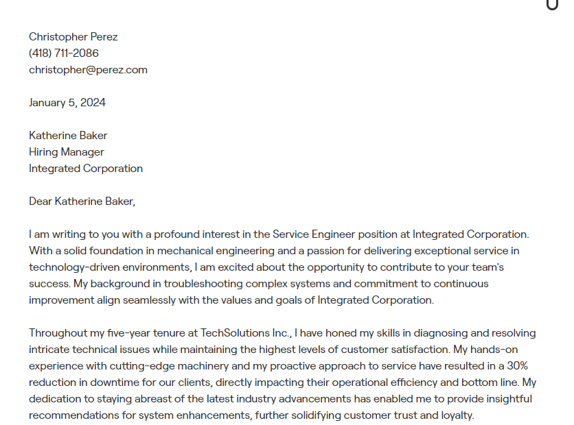 service engineer cover letter