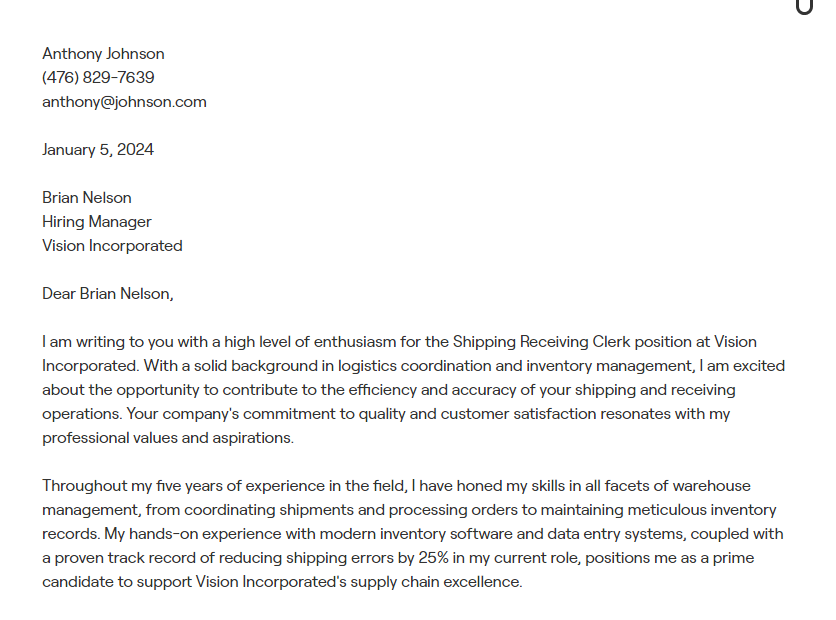 shipping receiving clerk cover letter