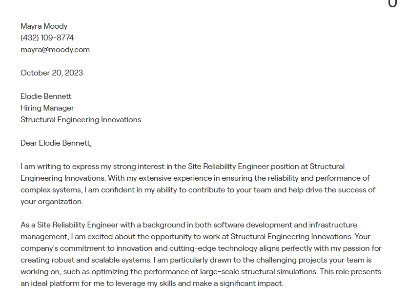 site reliability engineer cover letter