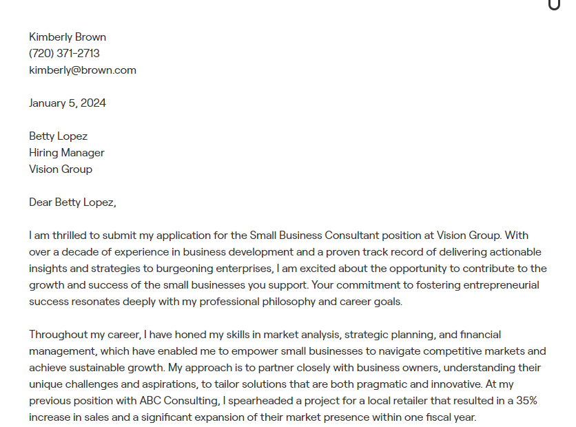 small business consultant cover letter