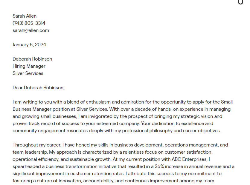 small business manager cover letter