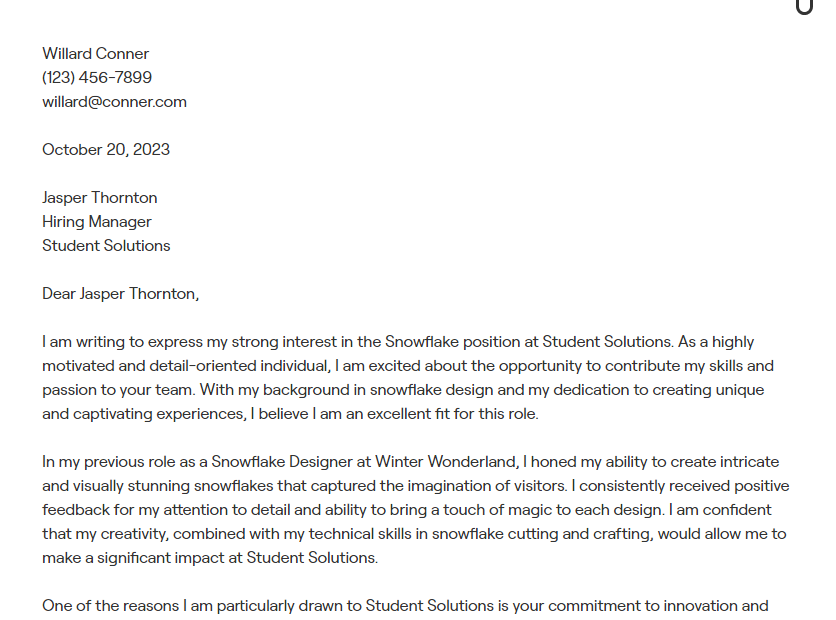 snowflake cover letter