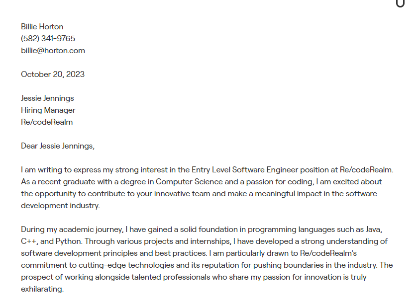 software engineer cover letter